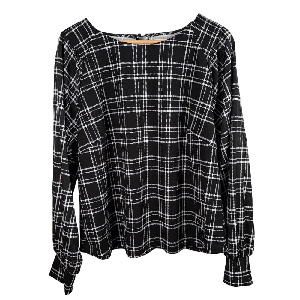 Melloday Anthropologie Black White Puff Sleeve Blouse Size M Business Modest